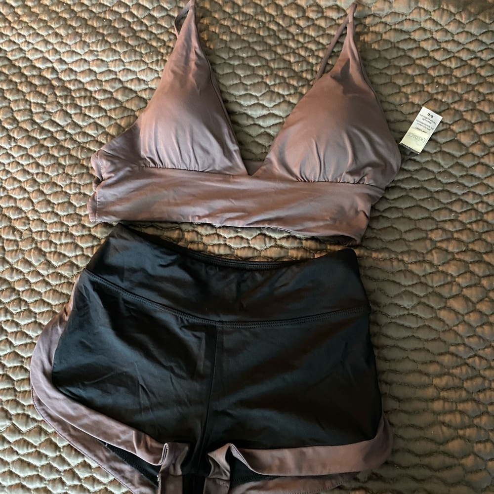 L*space Dusty purple and black D bikini top and xs/s swim shorts